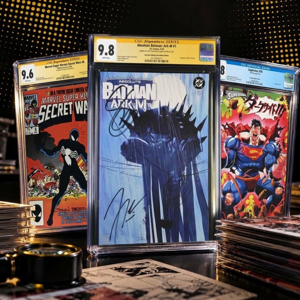 Graded comic slabs on a comic collector's desk.